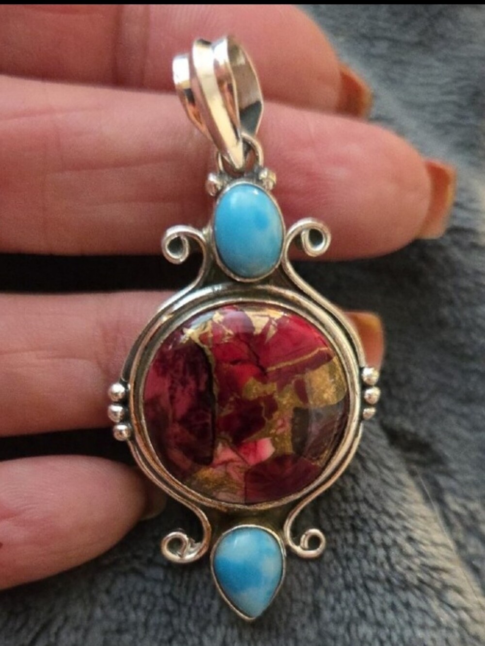 Sterling Silver  Pendant with Red Dahlia Turquoise,Turquoise, and Larimar!